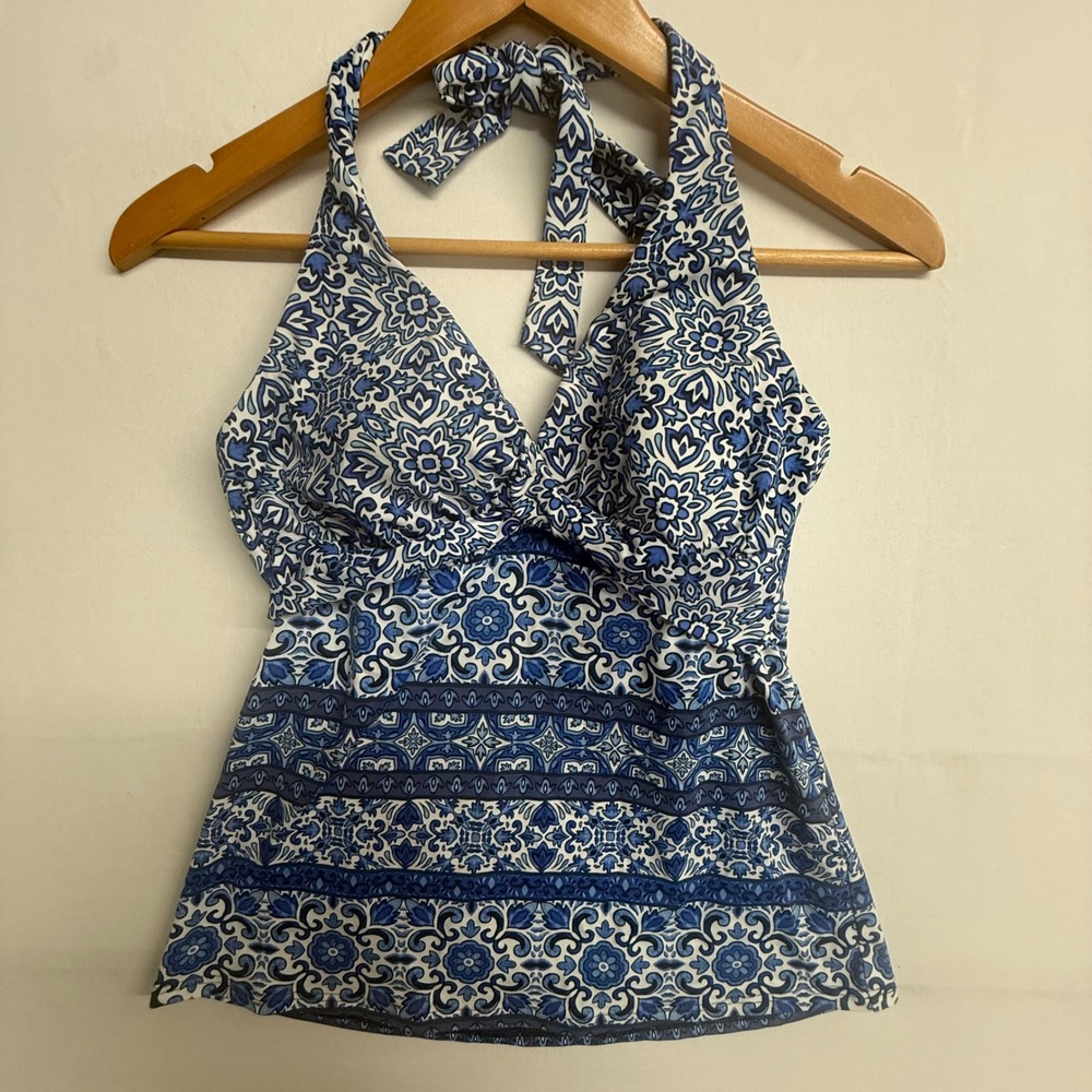 Lands End Tankini Top Womens 6 Blue White Floral Halter Swimwear Tummy Control